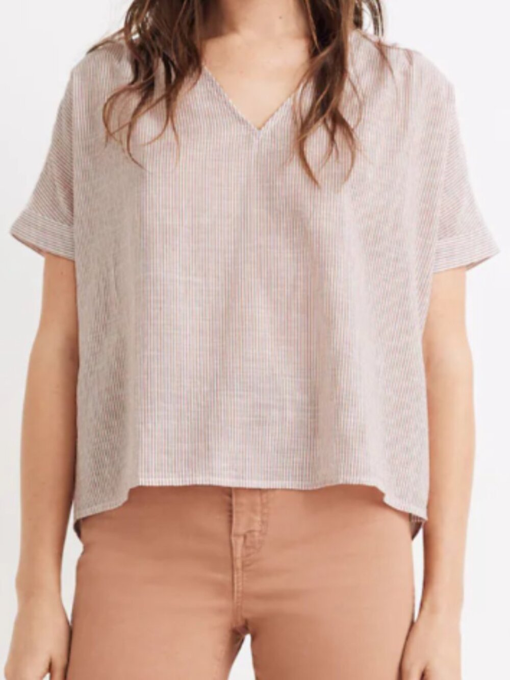 Madewell V-Neck Button-Back Top in Stripe, Short Sleeve - Womens XS